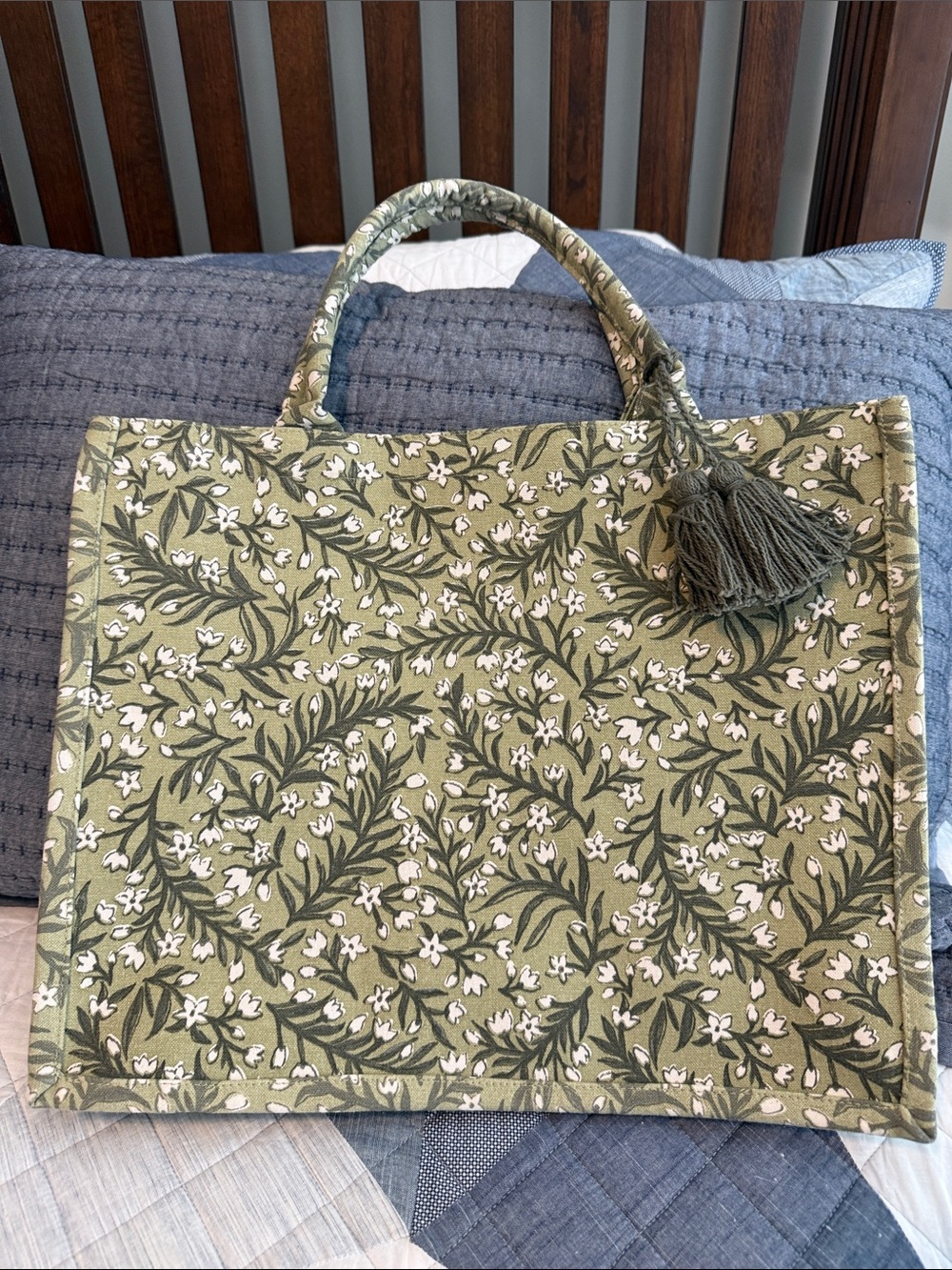 EUC Olive Floral Canvas Tote with Tassel Accent